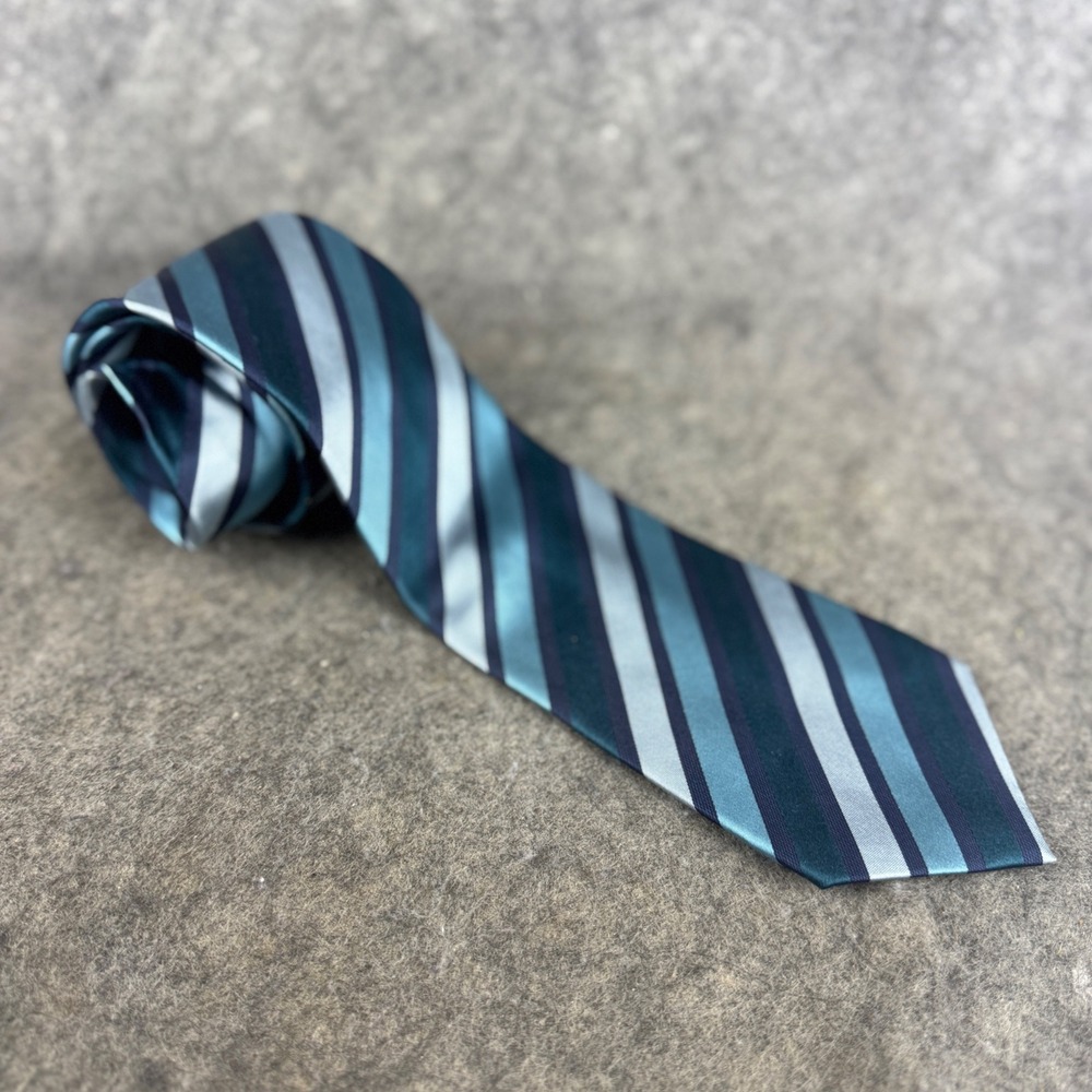 BCBG Attitude Mens Silk Necktie Teal Navy Blue Striped Formal Business Tie
